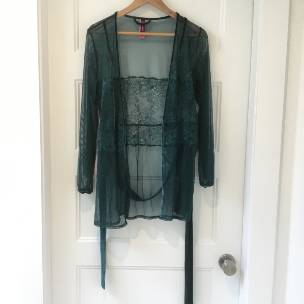 La SENZA Turquoise Lace and Velvet Robe with Tie Belt